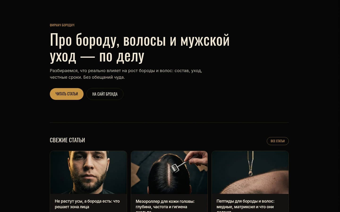 Скриншот главной страницы журнала «Фирмач Бородач» со списком статей